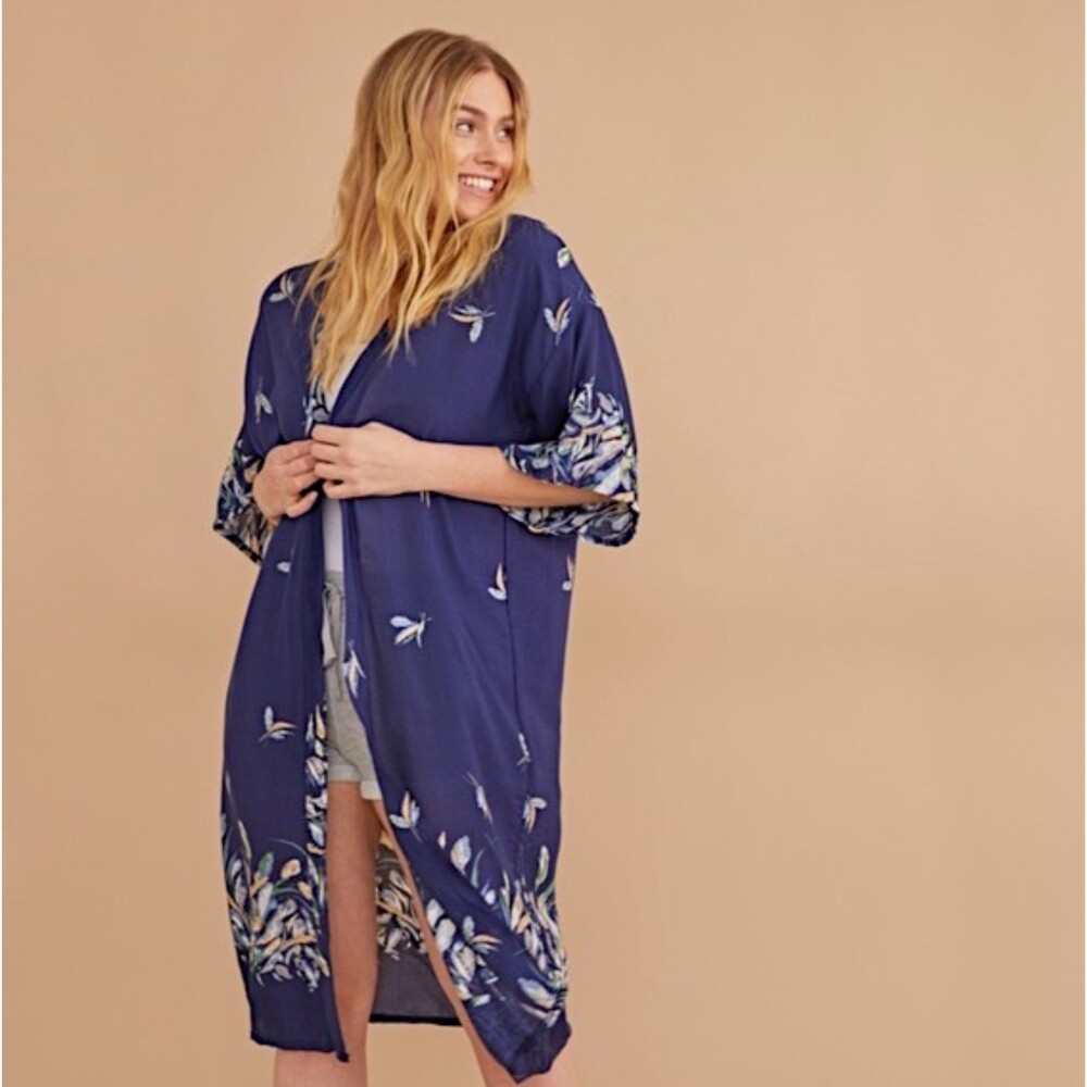 Summer & Rose Feather Print Kimono Blue